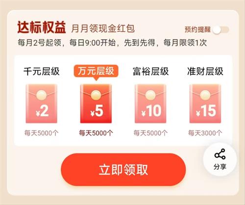 平安银行万橙福利社 月均资产达标领2~15元红包