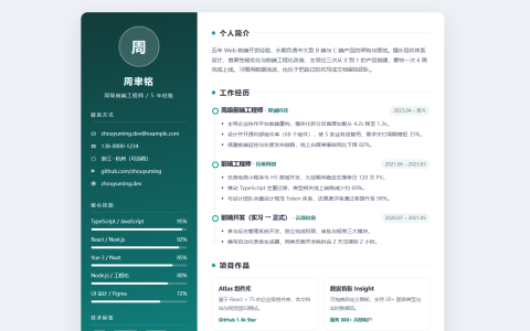 周聿铭个人简历 HTML 单页源码（深绿双栏）