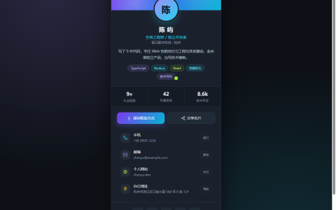 个人数字名片 HTML 单页源码（vCard 风格）