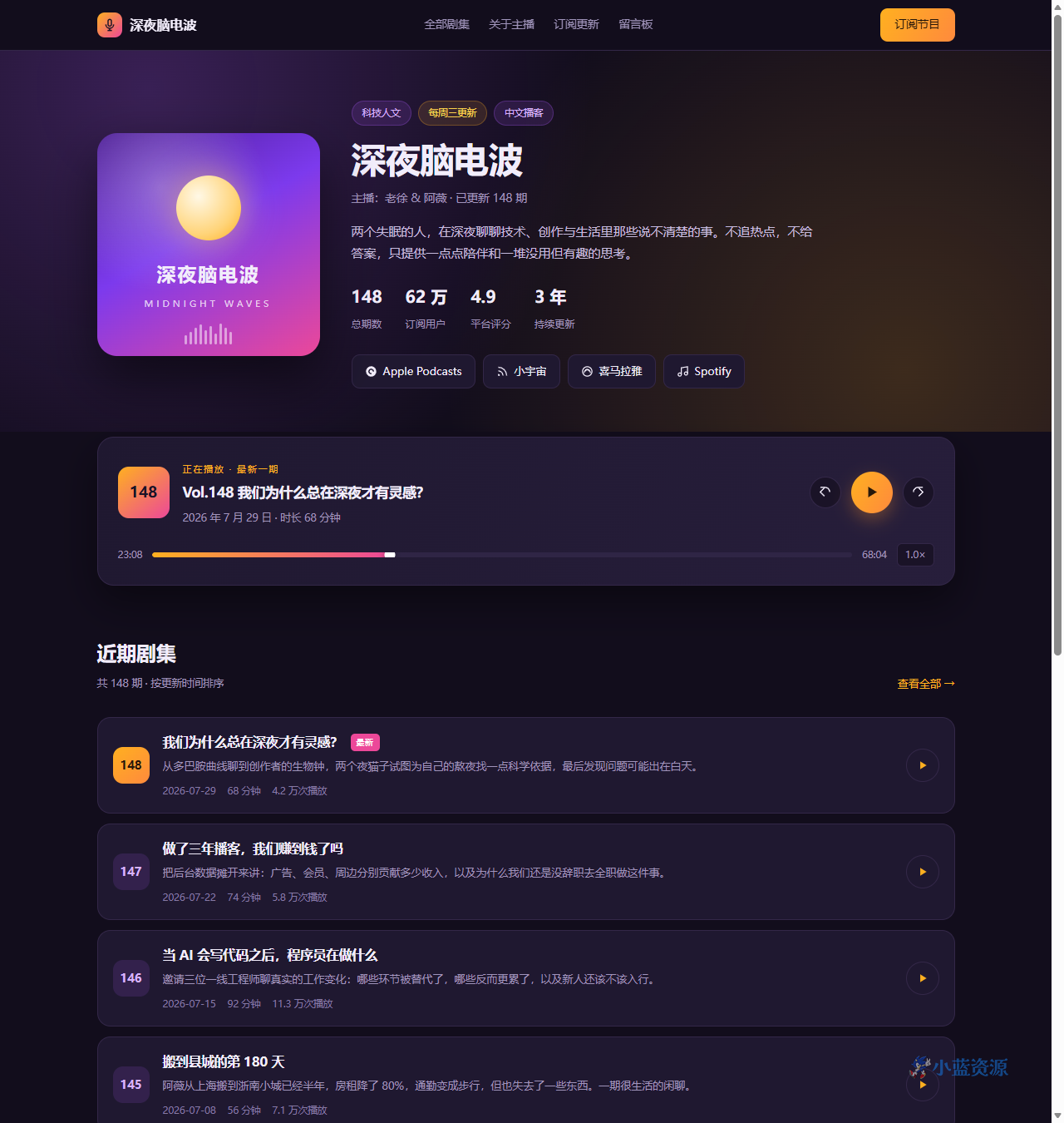 播客节目主页 HTML 单页源码(在线播放器)