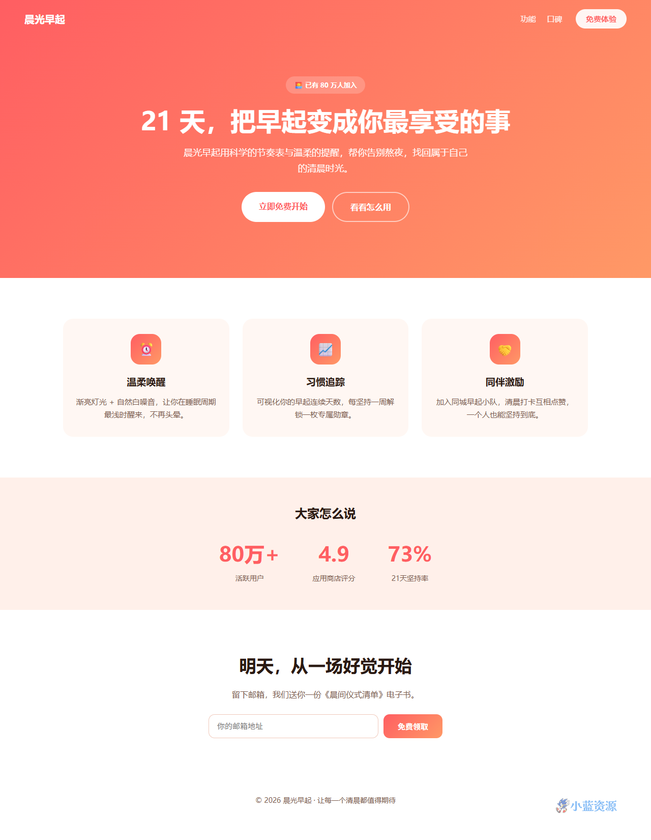 产品落地页 HTML 单页源码（Hero + 特性 + 邮箱订阅）
