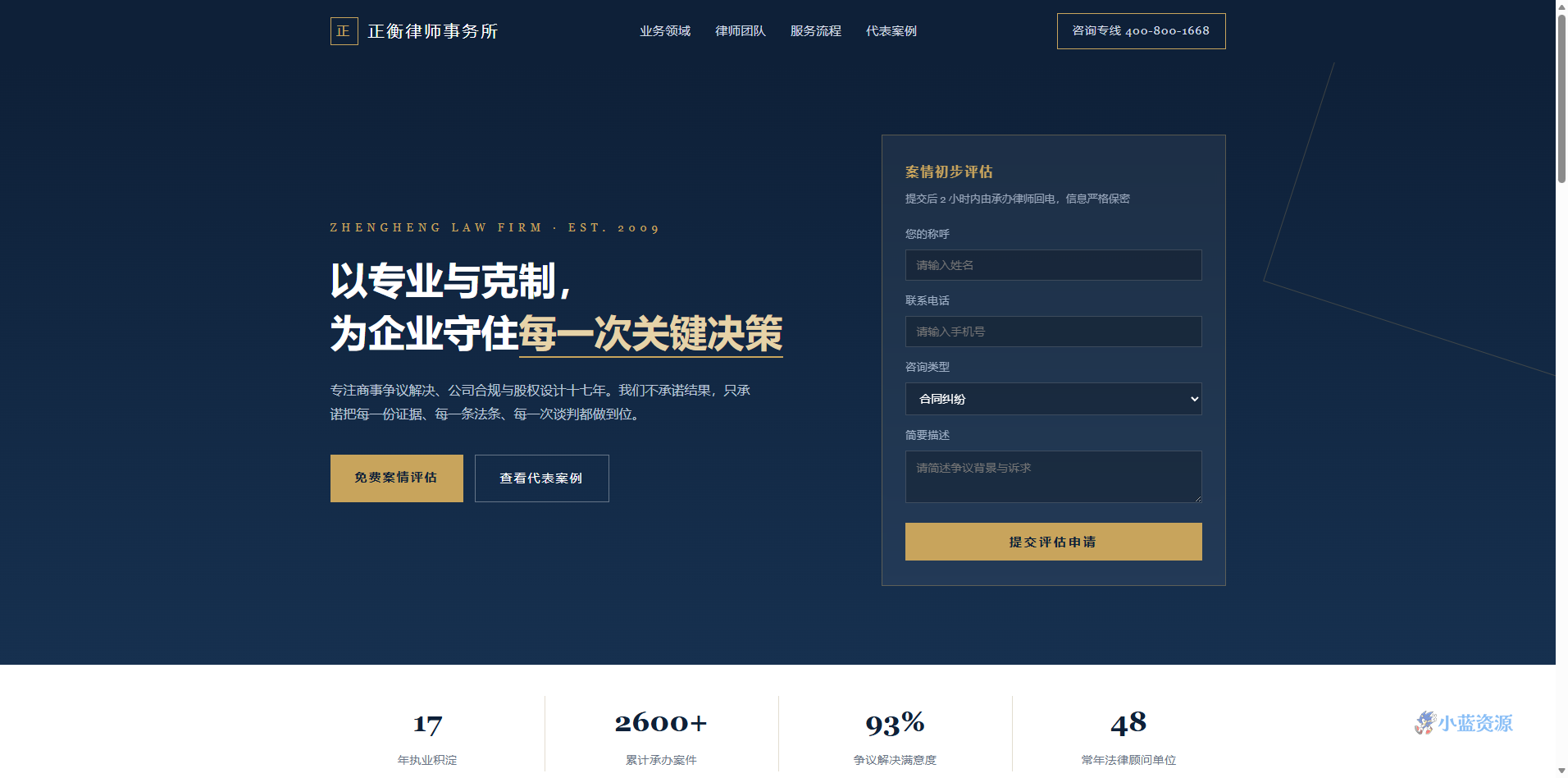 律师事务所 HTML 单页源码(深蓝 + 金色,6 大业务领域 + 律师团队 + 案件展示)