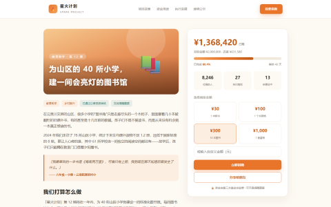 公益募捐项目页 HTML 单页源码（暖橙 + 米白，含进度条 + 资金用途 + 透明公示）