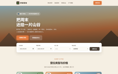 山谷星空露营地「野望营地」HTML 单页源码（大地棕 + 卡其 + 日落橙，含山形剪影 hero + 营位选择 + 设施装备 + 七日天气）