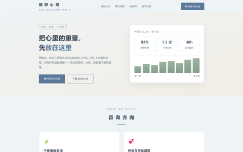 心理咨询工作室「栖野心理」HTML 单页源码（雾蓝 + 暖米 + 鼠尾草绿，含咨询方向 + 预约流程 + 费用说明 + 隐私承诺）