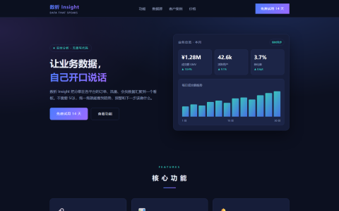 SaaS 数据分析官网「数析 Insight」HTML 单页源码（深色蓝紫 + 渐变蓝紫 + 青色，含仪表盘 hero + 功能 + 数据源 + 案例 + 定价）