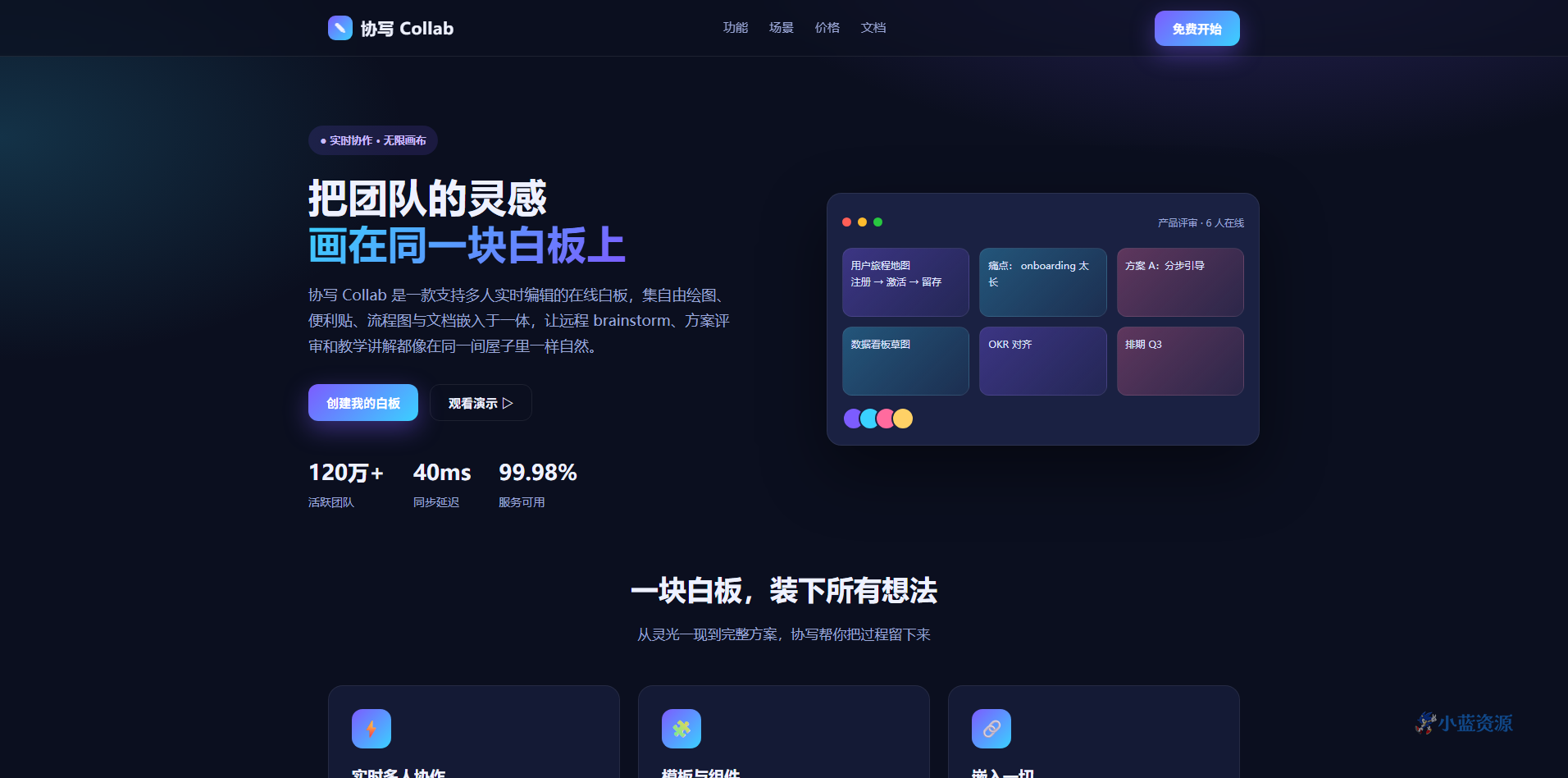 协写 Collab 在线协作白板落地页 HTML 单页源码